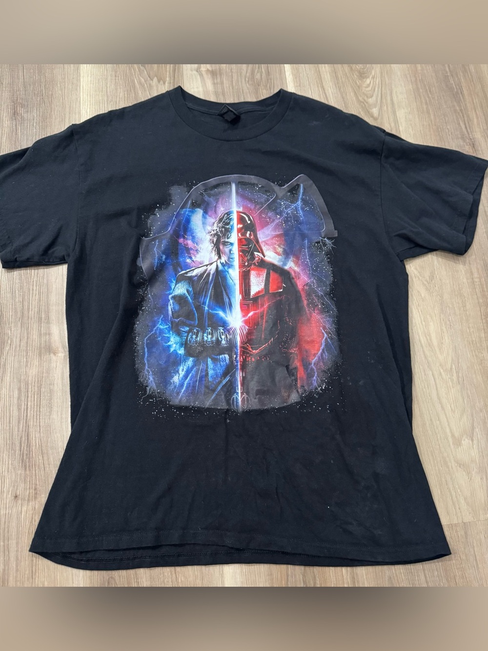 Men’s Gildan Black Star Wars Graphic Tee with Blue & Red Split Vader/Anakin Art